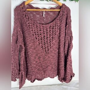 Free People Pretty Pointelle Open-Knit Vee Sweater‎ in Rose Glow Size Small